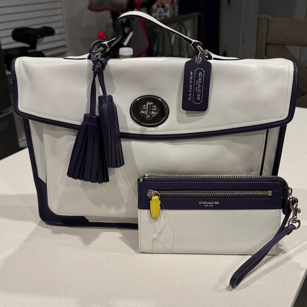Coach White and Purple Leather Satchel with Matching Wristlet